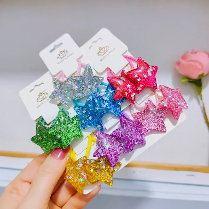 Children Kawaii Hair Ties Rope 2pcs Kids Glitter Pentagram Elastic Hair Bands Ring New Headwear Girls Hair Accessories