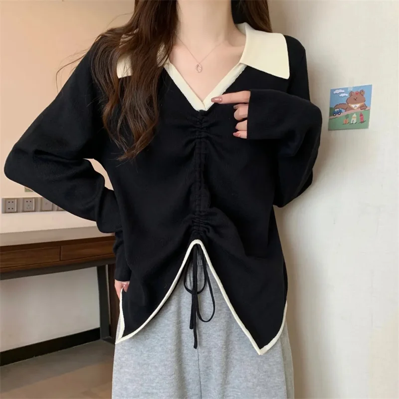 

Fat MMPOLO Collar Thread Female 2023 Autumn Winter New Niche Design Sense Draw Rope Thin Color Contrast Long Sleeve Base Coat