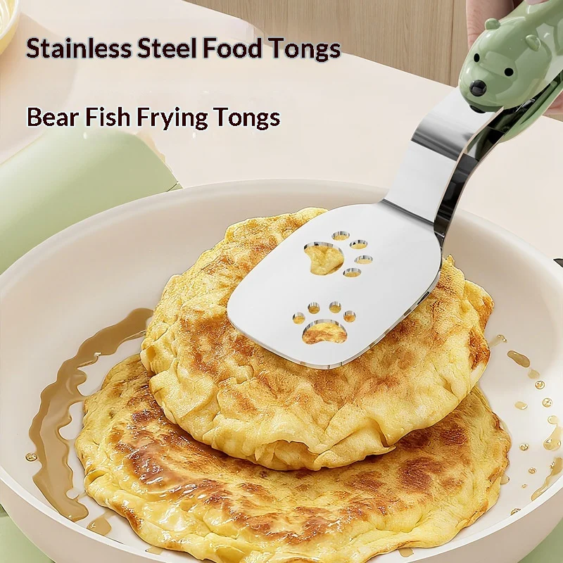304 Stainless Steel Fish Turner Cartoon Bear Food Tongs Extendable Locking Pan-fried Fish Cake Anti-Slip Stainless Steel Clamps