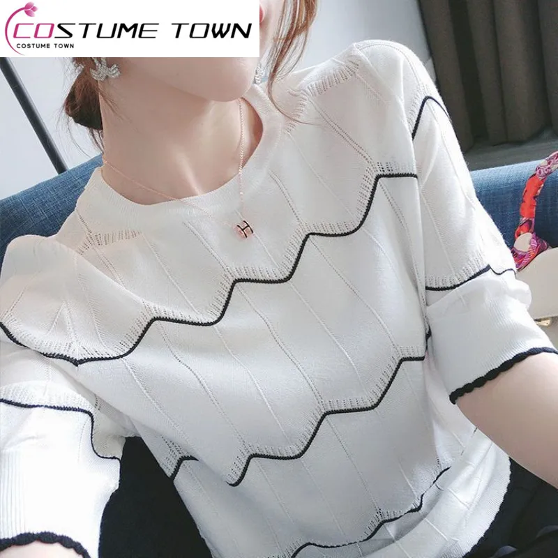 

Summer Women's 2023 New Ice Silk Short Sleeve T-shirt Women's Slim and Slim Korean Version Hollow Out Knit Top Ins Fashion