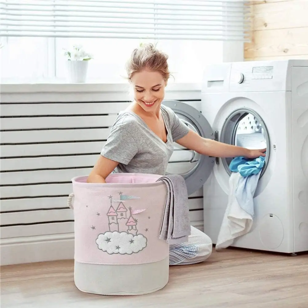 Large Pink Laundry Basket Kids Toys Storage Basket with Handles Fabric Foldable Cute Cartoon Castle Nursery Hamper Gift Basket 4