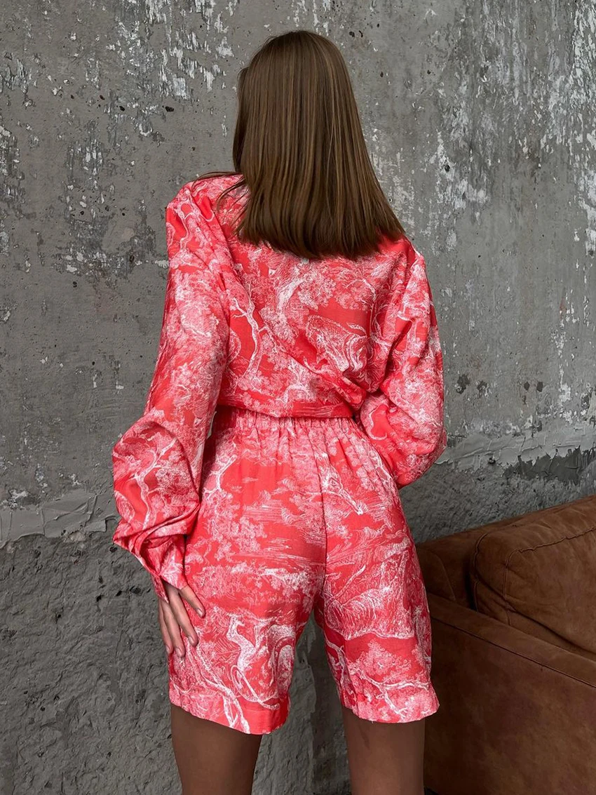 Marthaqiqi Casual Printing Women Nightwear Suit Sexy Turn-Down Collar Sleepwear Long Sleeve Nightgowns Shorts Fashion Pajama Set