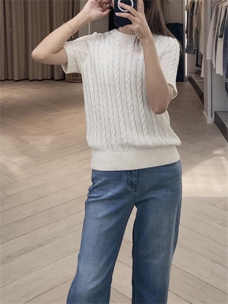 

Spring New Women's Twisted Threaded Knit Sweater Solid Color Sequin Decoration Ladies Round Neck Short Sleeve Knit Pullover