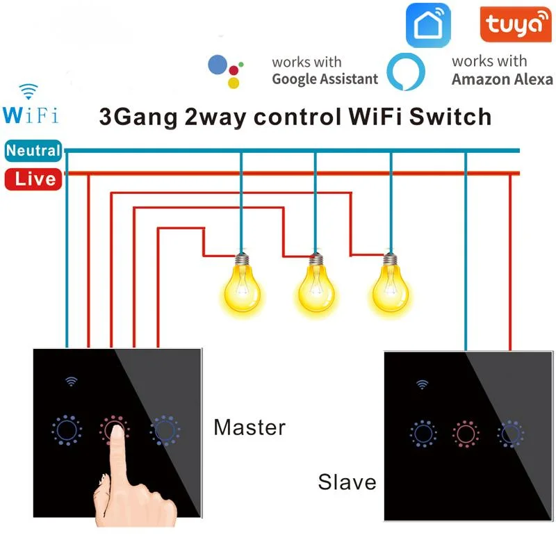 Умный выключатель Wi-Fi 2 шт./компл. Tuya 2/3 клавиши канала Стеклянные Настенные