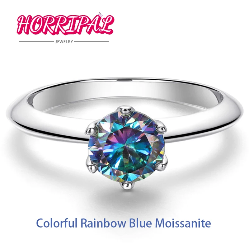 

HORRIPAL Rainbow Blue Moissanite Ring 6 Prongs Design Sparkling Lab Diamond with GRA Certificate Pass Tester Women Ring Party