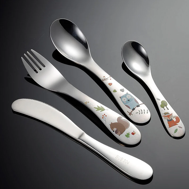 1/4pcs Stainless Steel Kids Cutlery Cartoon Pattern Carving Child Tableware Cute Spoon Fork Set Baby Flatware Feeding