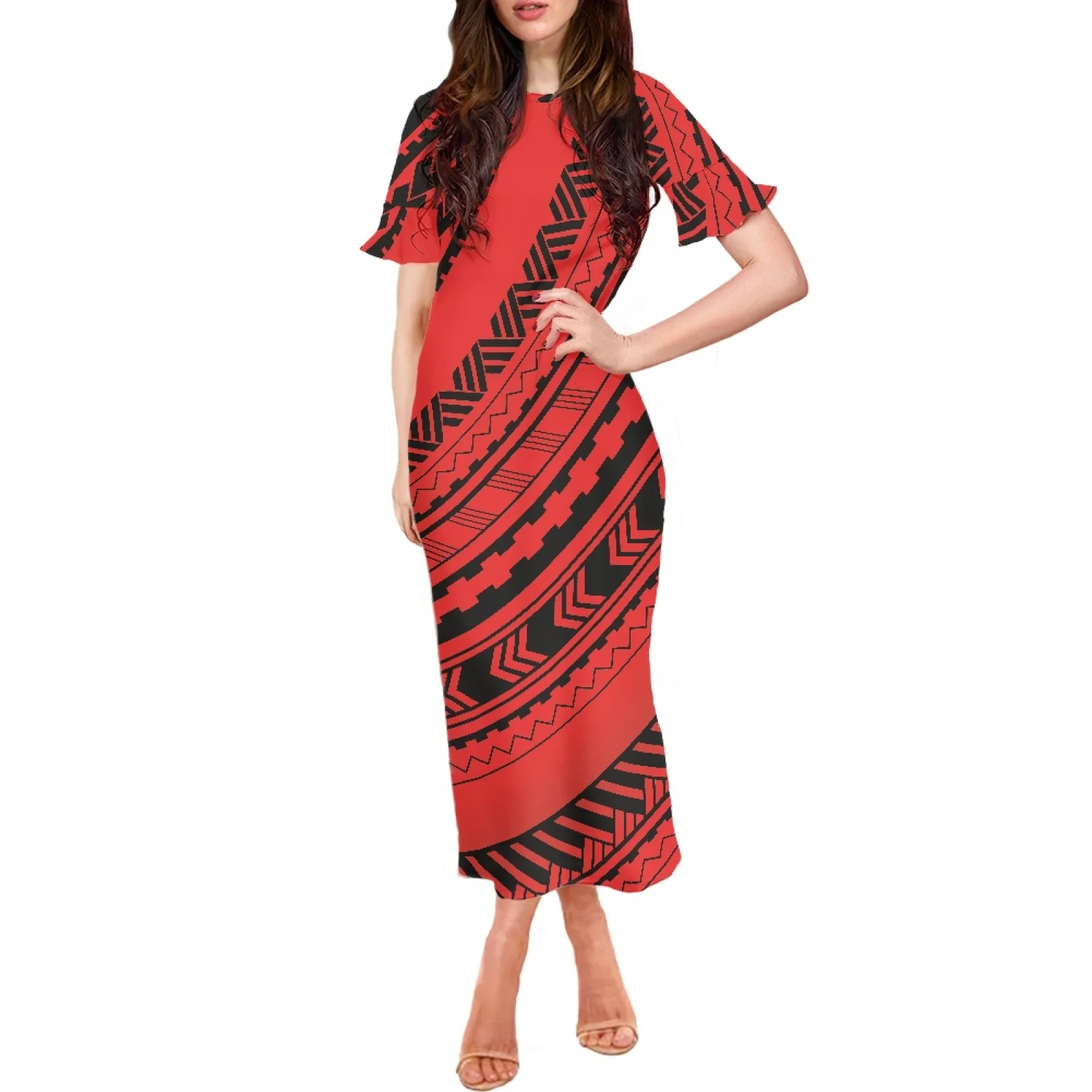

Red Festival Summer Tattoo Print Maxi Skirt Samoan Dresses For Women Round Neck Short Sleeve Clothing Elegant Party Long Dress