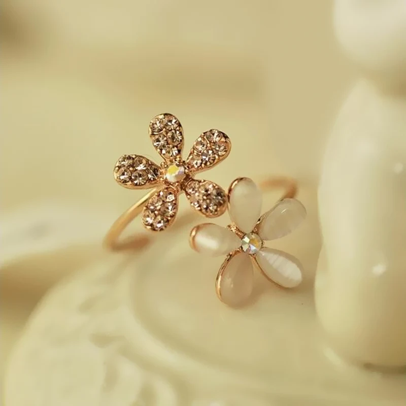 Opal Double Daisy Flower Adjustable Ring Rhinestone For Women