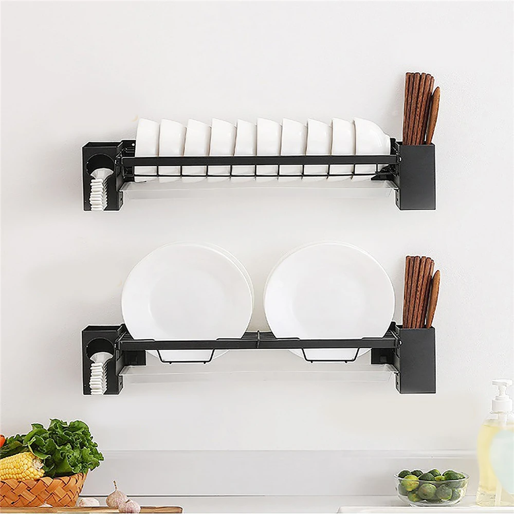 

Kitchen Drain Rack Multifunction Wall Mounted Punch Free Bowl Dishes Holder Chopsticks Spoon Storage Shelf Tableware Rack