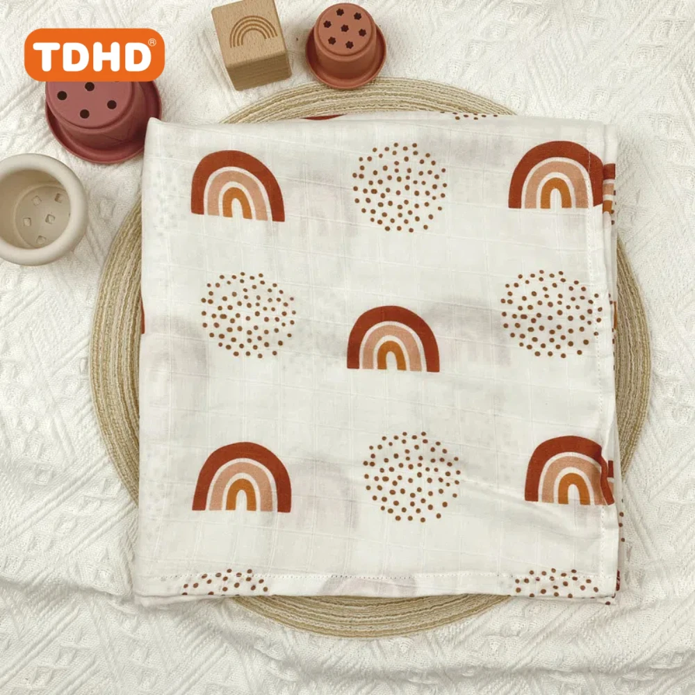 TDHD 120x110cm Bamboo Cotton Baby Muslin Swaddle Blanket Cute Soft Print Baby Towel Wrap