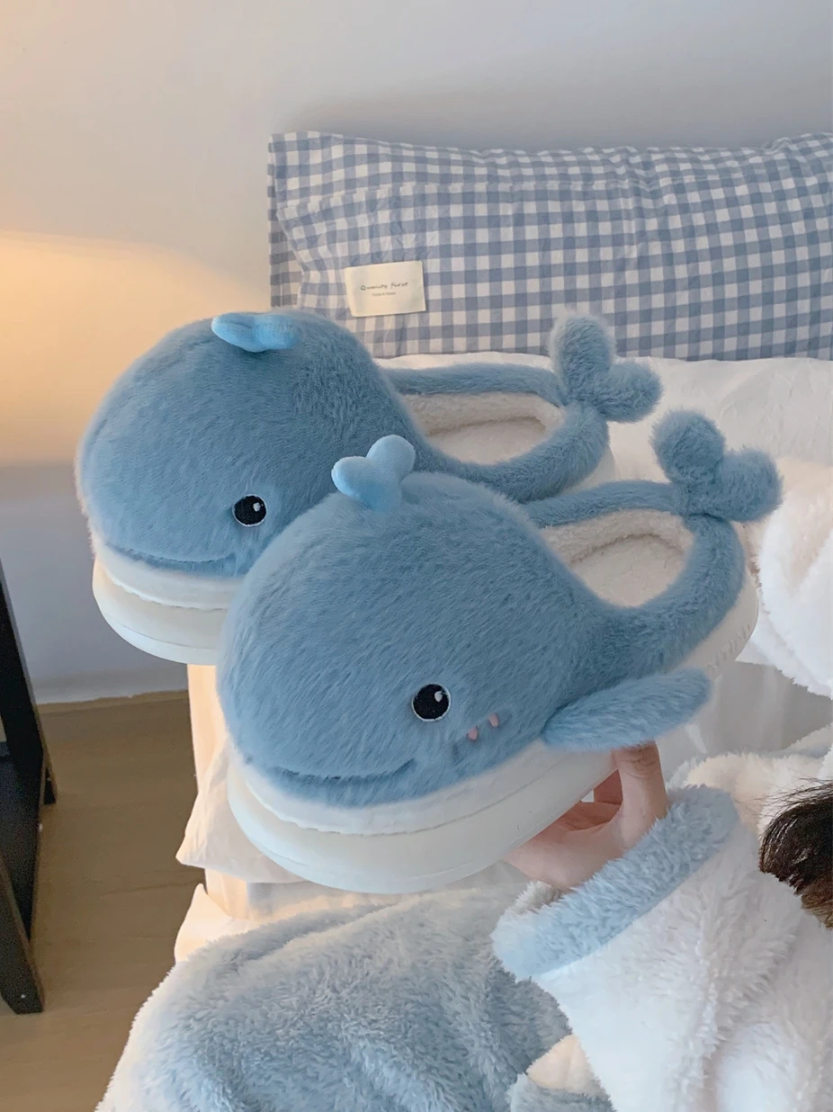 Parent-child Home Slippers Men And Women's Winter Cartoon Whale Plush Warm Home Slippers For Parents Children Cotton Slippers 2