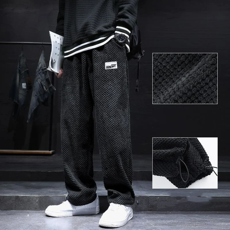 Fashion Solid Plaid Corduroy Pants Men Autumn Winter Loose Elastic Waist Pockets Harun Sports Leggings Casual Thickened Trousers