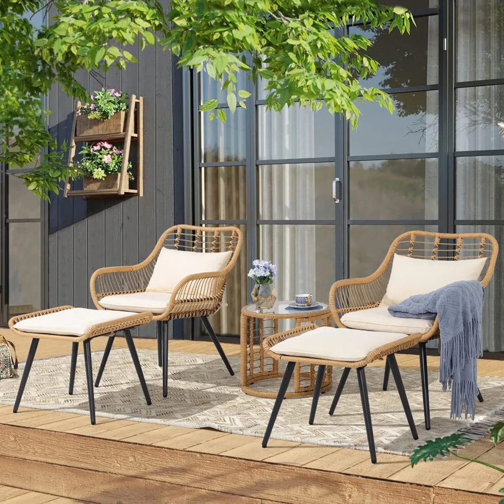 

5 Piece Outdoor Wicker Furniture Set Lawn Camping Backyard Garden Sets Furniture Poolside Patio Rattan Set for Balcony Tools