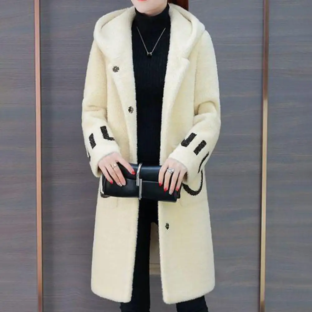 모조 램스울 코트, 두꺼운 양면 플리스 코트, 오버사이즈 포켓 레터 프린트, 여성 모직 코트, 겨울 플러시 오버코트