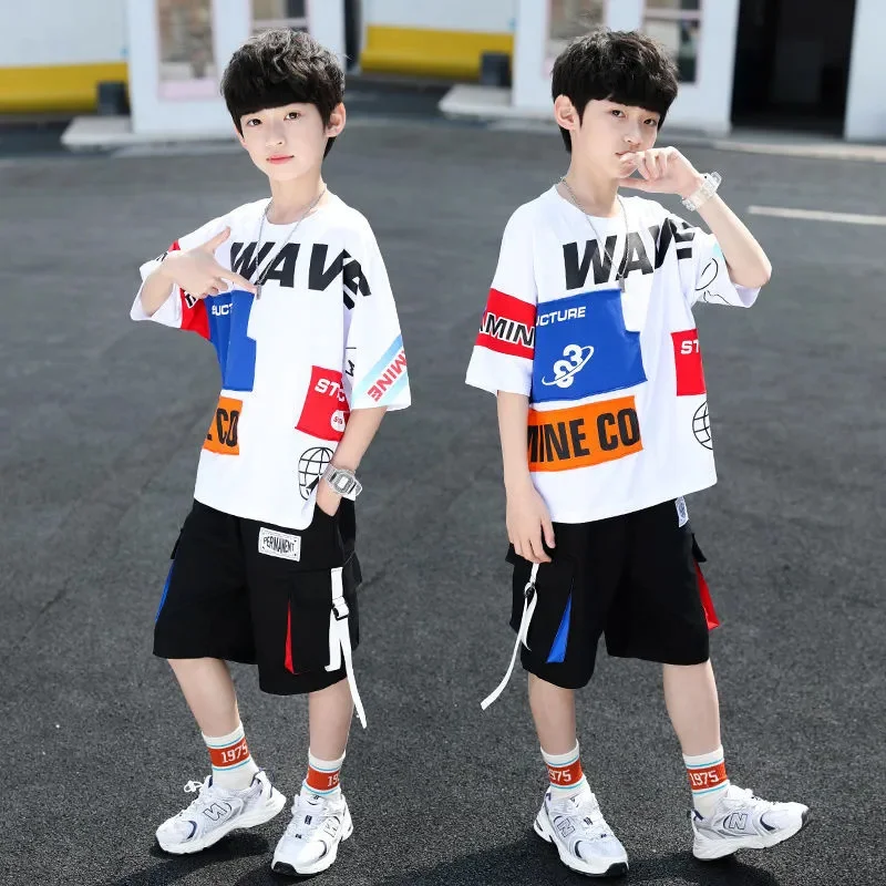 

Children'S Clothes Boys Summer Clothing Sets 2024 New Teenager O-Neck Fashion Letters Print Patchwork Sport Suits High Quality