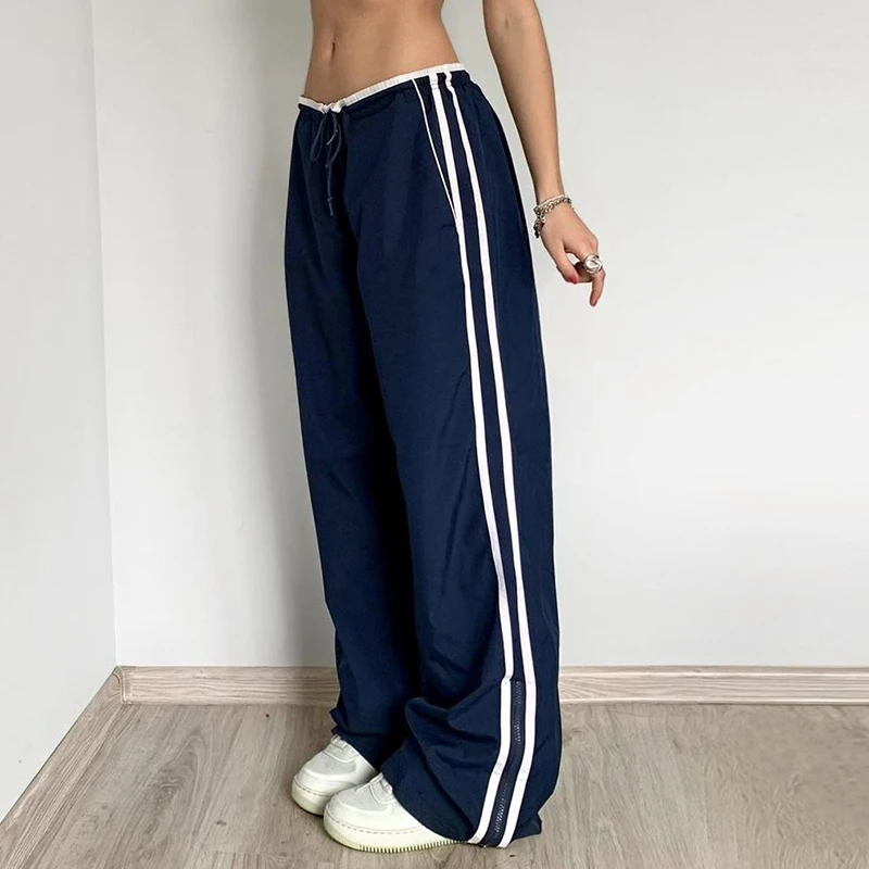 

Sports Style Woven Belt Parallel Bars Contrasting Color Casual Pants for Women's Loose Straight Tube Hanging Zippered Pants