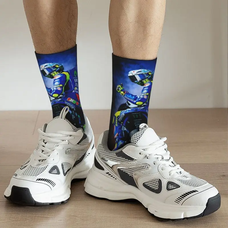 Fashion Print Motorcycle Racing Rossi Socks for Men Women Stretchy Summer Autumn Winter Crew Socks