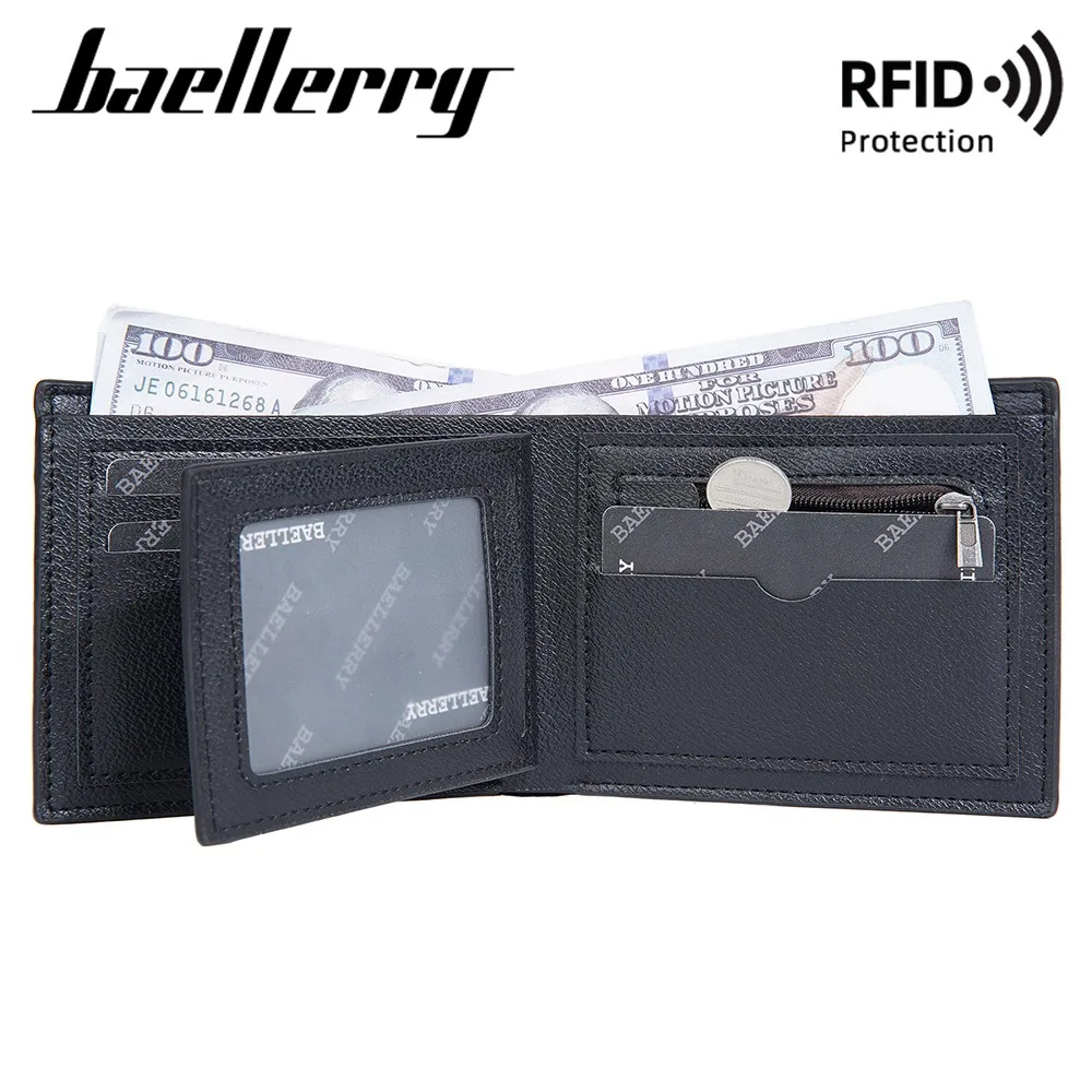 Baellerry Men's Fashion RFID Short Wallet, Anti-Skimming PU Leather Slim Card Holder Trendy Design
