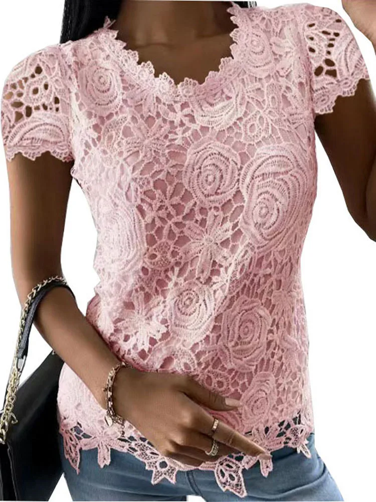 Women Summer Lace Crochet Short Sleeve Loose Tshirt