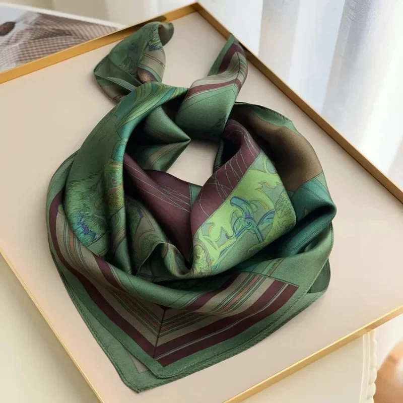 Luxury Green Print Square Scarf Simulated Silk Thin Satin Neck Scarf Elegant Ladies Professional Decorative Small Scarf 2