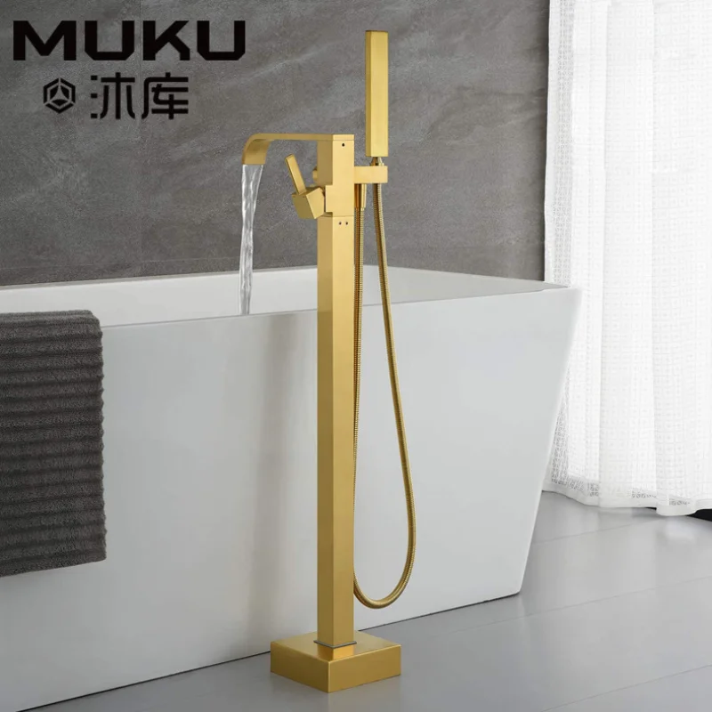 

Copper Black Floor Stand Bathtub Tap Curved Mouth Open-Mounted Brushed Rose Gold Bathroom Shower Faucet Waterfall Water Outlet