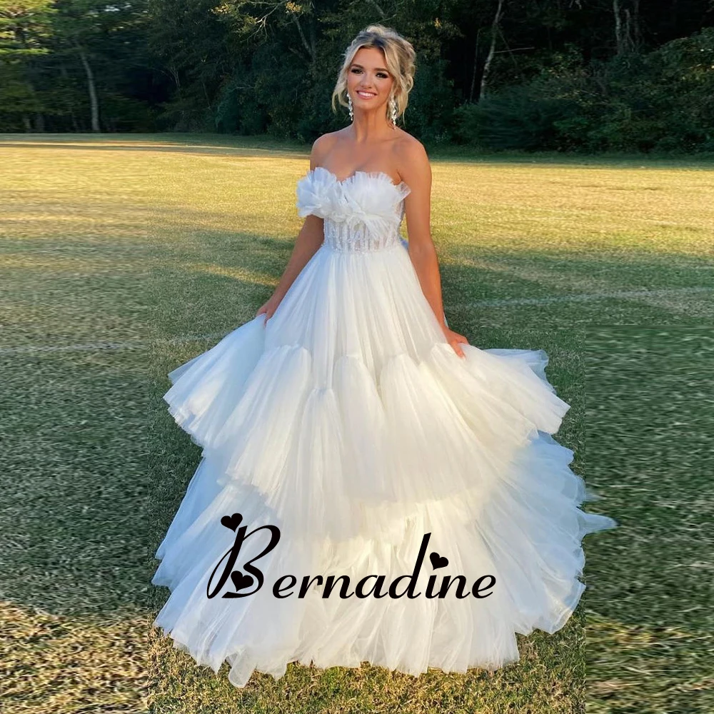 

Bernadine Graduation Dresses Classic Strapless Prom Evening Dress Tulle Layered Dress Appliques A Line Robe De Mariée Customised