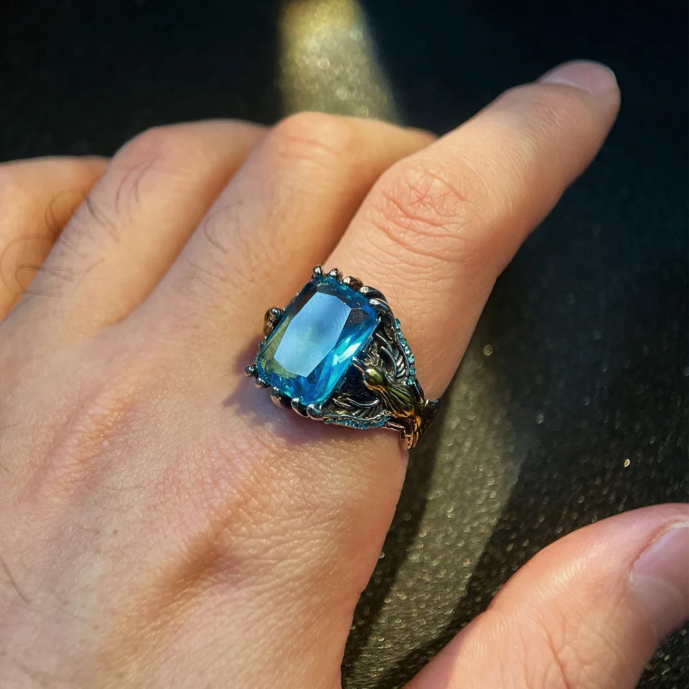 Retro Dragon Claw Golden Eagle Blue Gem Ring for Men & Women Antique Gothic Adjustable Open Ring Alloy Jewelry Lovers Gift 3