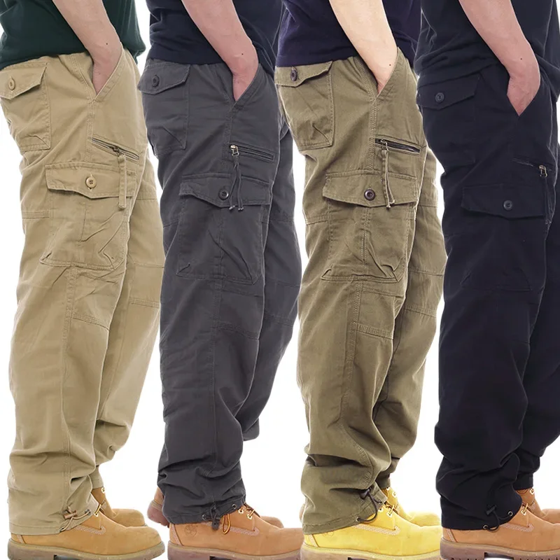 

Simple cotton overalls men's casual pants elastic waist plus size pants multi-pocket slacks site pants