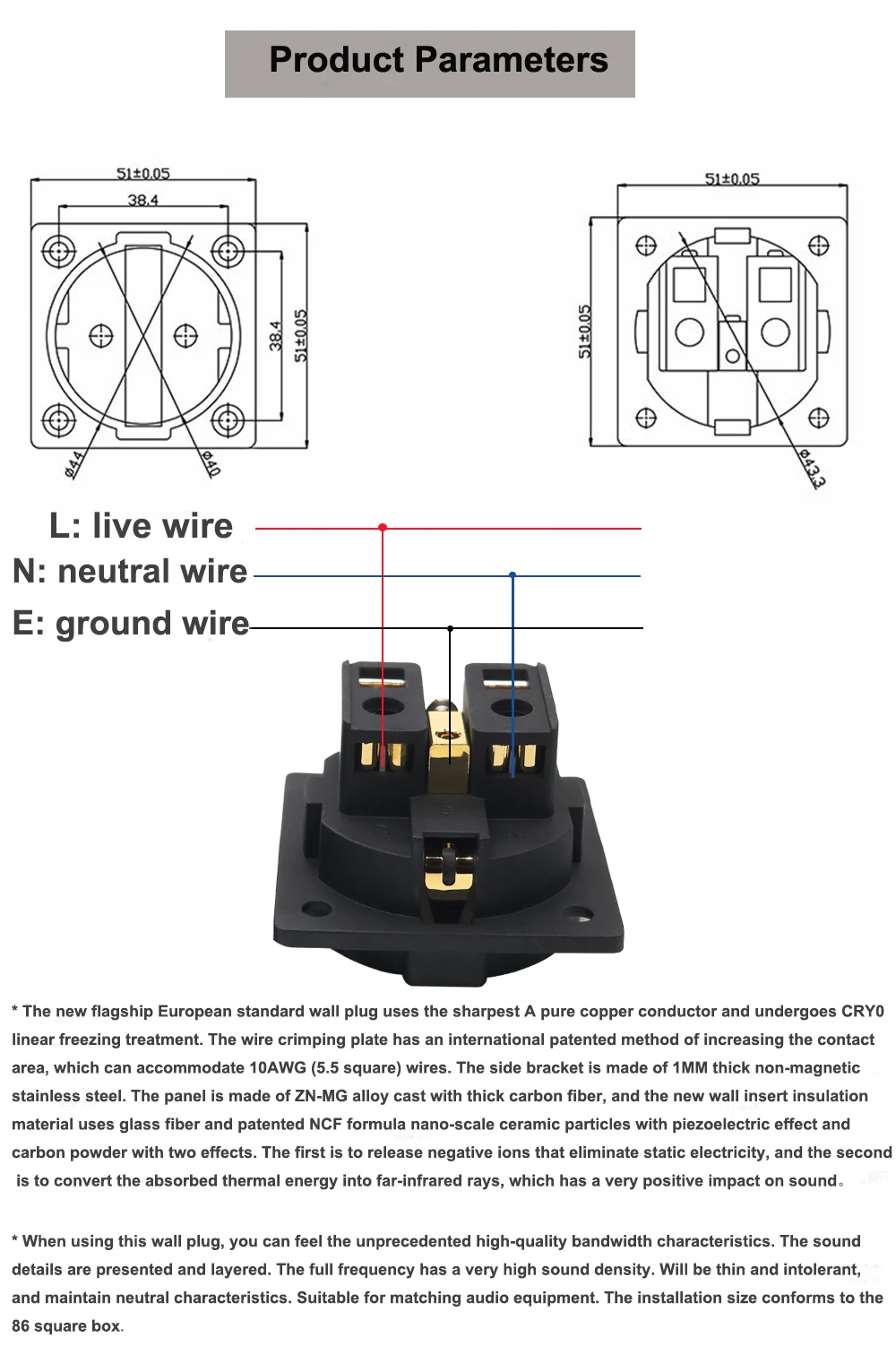 Steckdose FI-E30 HIFI Audio Kupfer Überzogene Rhodium Neutral AC 250V 16A EU Euro 2Pin IEC Einlass Uitimate H schuko Chassis Buchse – Detail 5