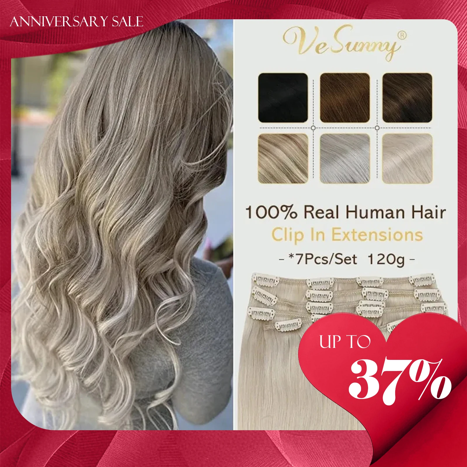 VeSunny Clip in Hair Extensions Human Hair Double Weft Remy Wigs 7pcs Clip on Extensions Dark Brown Blonde 100gr Brazilian Hair