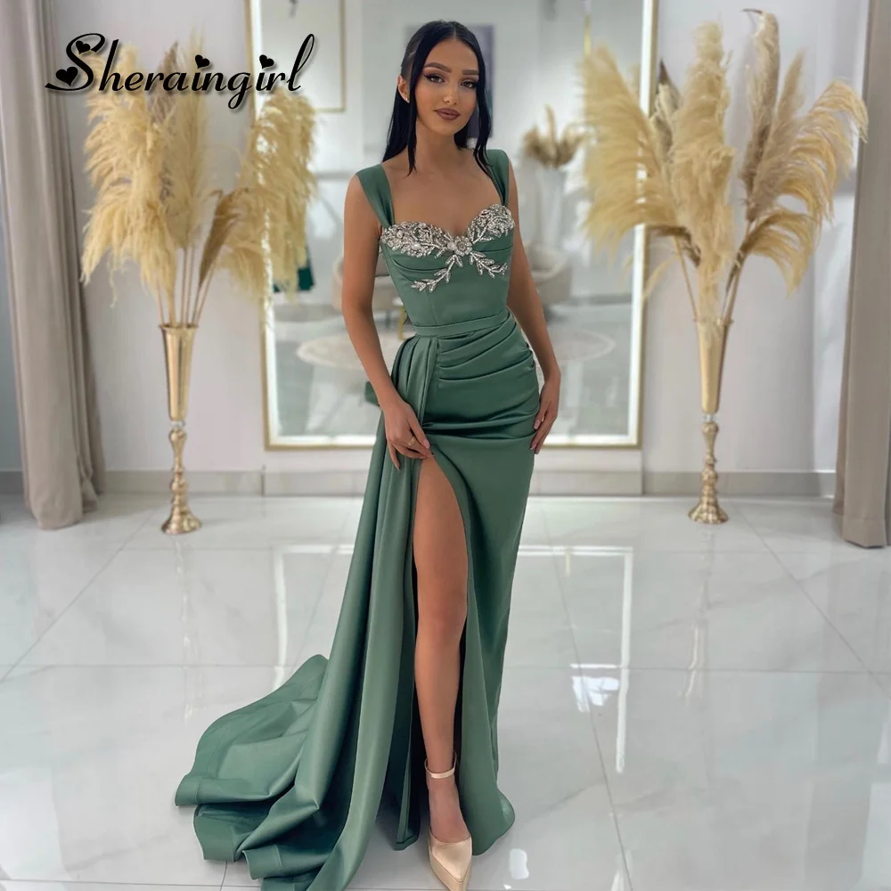 

SHERAIN Modern Pleat Evening Dresses Appliques Rhinestones Crystals Spaghetti Straps Chapel Train Vestidos de Gala Drop Shipping