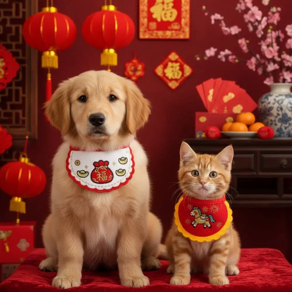 Cartoon New Year Cat Scarf 2026 Horse Year Comfortable Pet Scarf Lucky Blessing Embroidered Pet Clothing Spring Festival