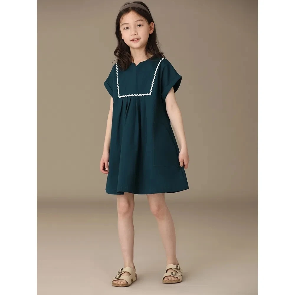 

Summer Children Cotton Dress Clothing Girl Short Sleeve Casual Dress 2-15Years Kids Solid Loose Dresses for Girls 6 8 10 12 14