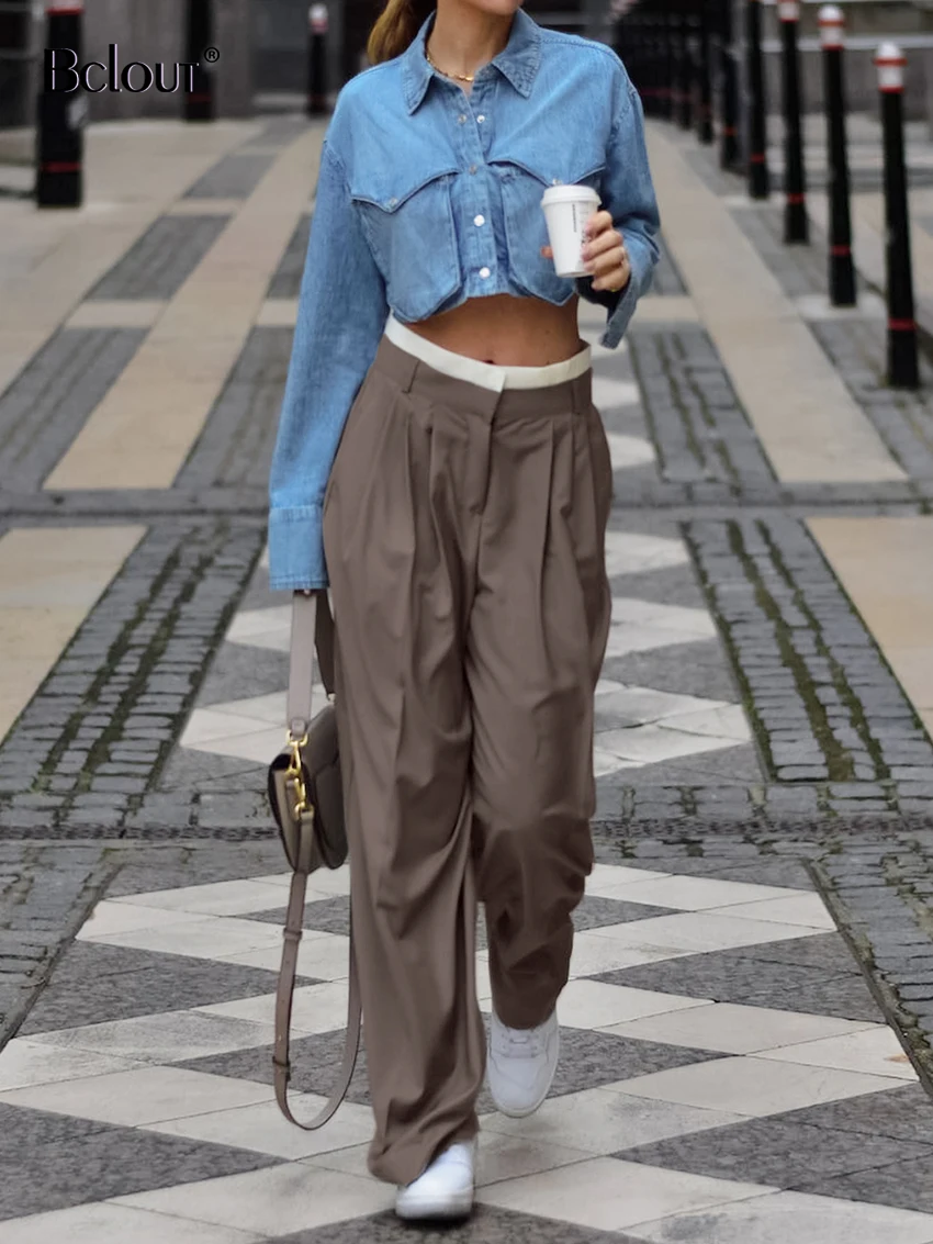 Bclout Autumn Loose Patchwork Pants Woman 2023 Fashion Brown Pleated Wide Leg Pants High Street Oversized Long Trouser For Women