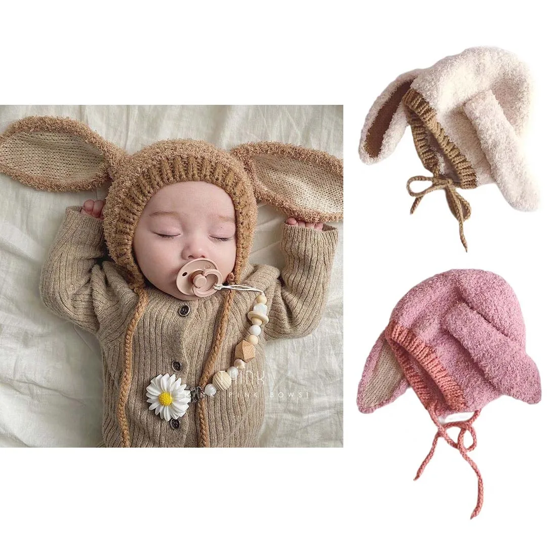 Korean Plush Baby Bunny Hat With Long Ear 2023 Autumn Winter Baby Beanie Hat Warm Children's Ear Protection Knitted Hat