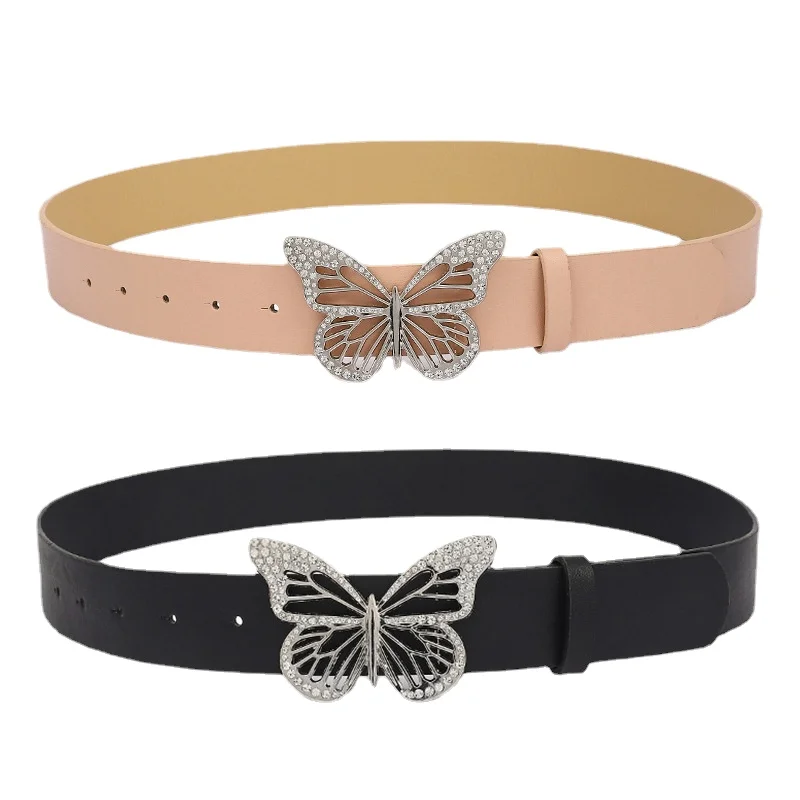 

Luxury Women Belts Diamond Inlaid Metal Butterfly Buckle Simple Solid Color Waistbands for Dress Commute Waist Strap for Jeans