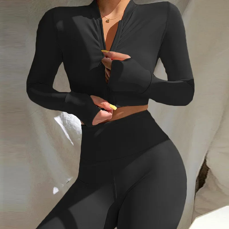 Yoga Set Gym Set Women Tracksuit Long Sleeve Yoga Suit for Fitness Sport Outfit for Woman Sportswear Pilates Clothes Two Piece Wear Khaki