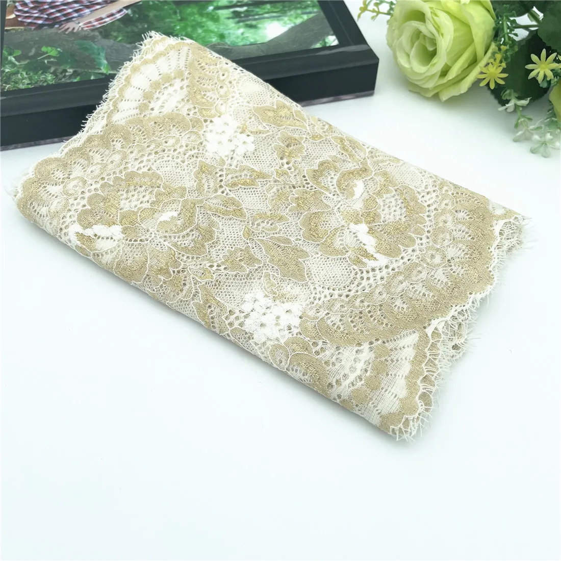 Metallic and Eyelash Leavers Lace Trim - Cream/Gold