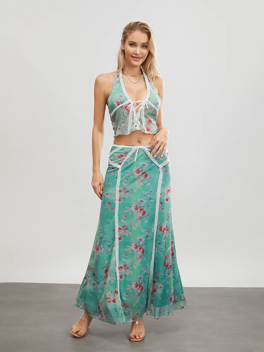 

Women Skirt Set Flower Print Sleeveless Tie-up Halterneck Backless Vest with Long Skirt Summer Outfit