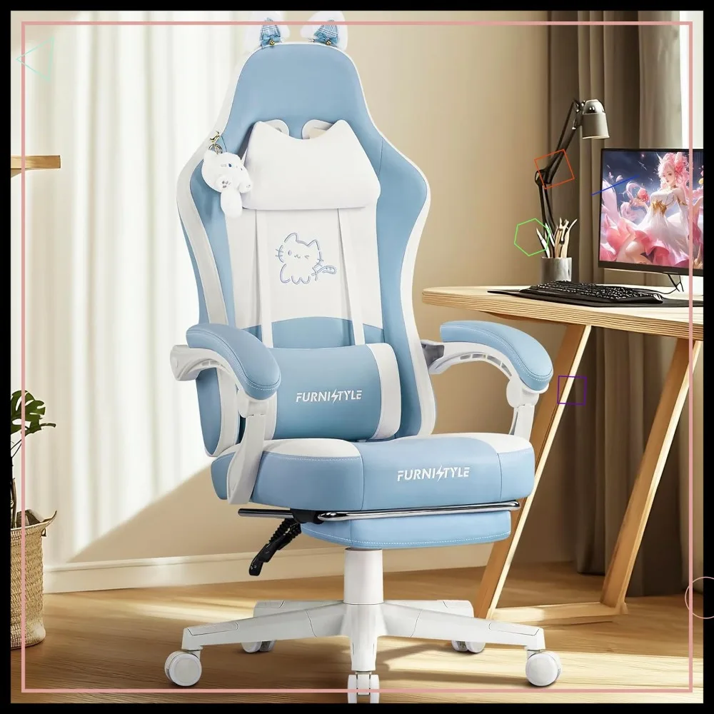 Cat Ear Gaming Chair with Footrest, Massage Lumbar Support & Headrest, Ergonomic Computer Chair Black/Pink