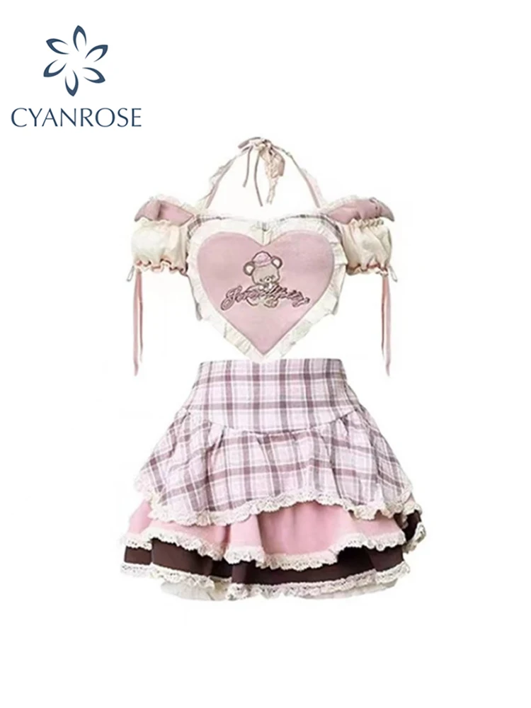 

Women's Cute Pink Two Piece Set Suit Halter Crop Top T-Shirt Basic Kawaii A-Line Mini Plaid Skirt Y2k Vintage Fashion Harajuku