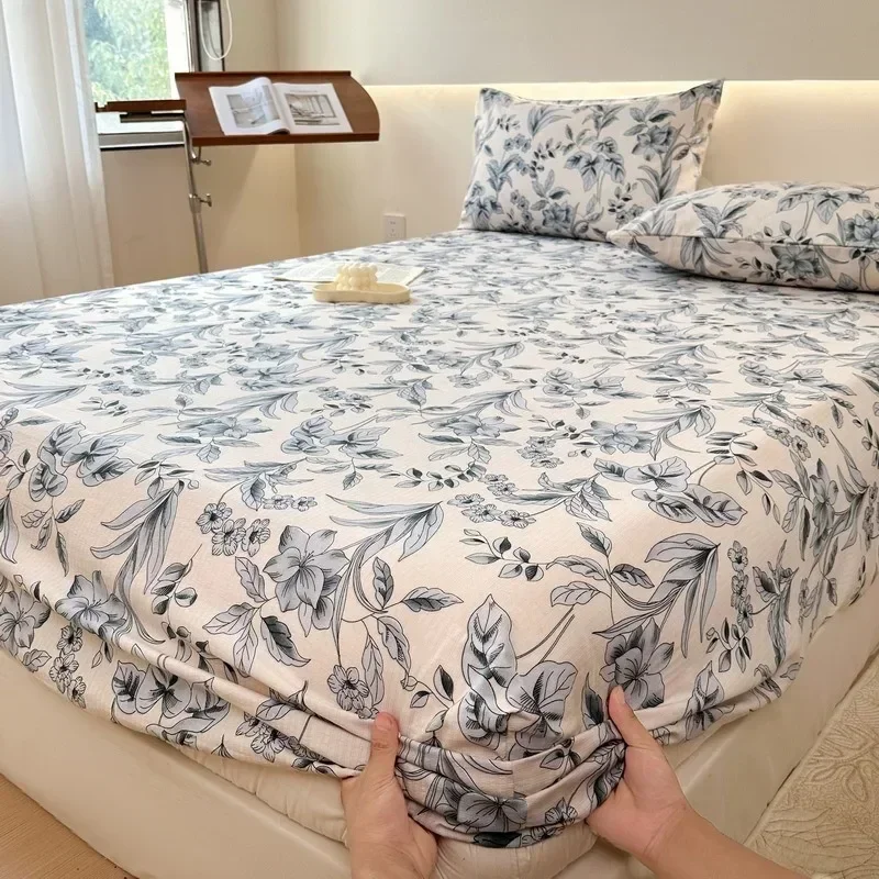 Bed Sheet with Elastic Washed Cotton Blue Flower Printed Fitted Sheet Single/Queen/King Mattress Cover for Double Beds