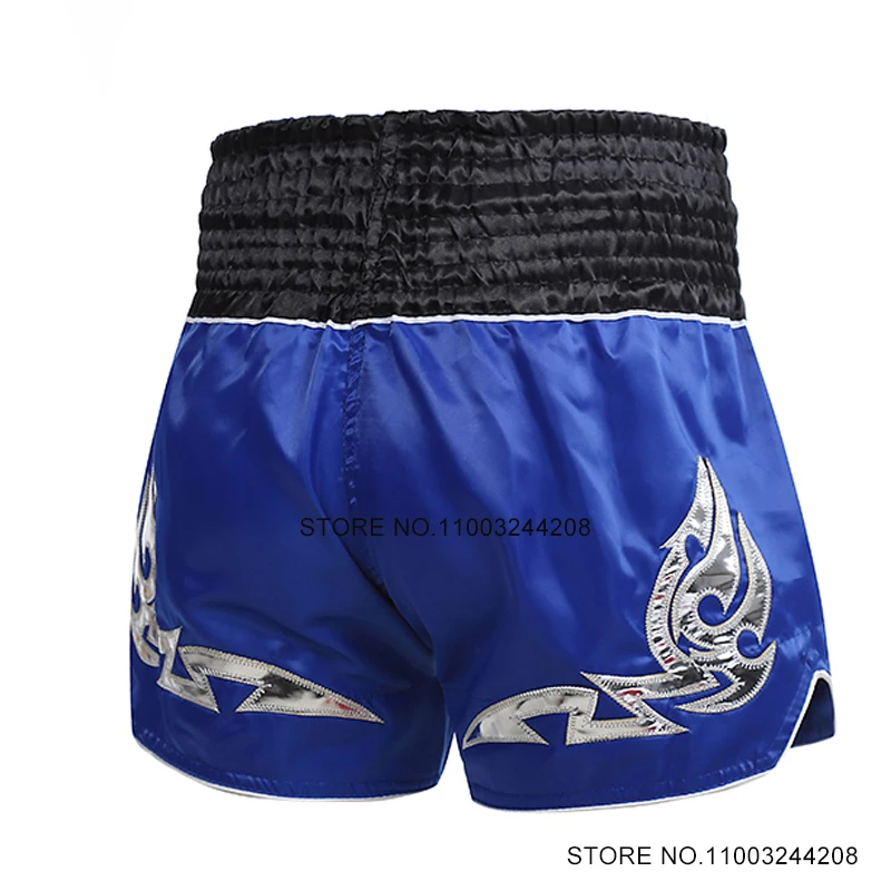 Thai Boxing Shorts Men Women Kids Embroidery Muay Thai Shorts Gym BJJ MMA Workout Clothing Grappling Kickboxing Fight Pants Blue