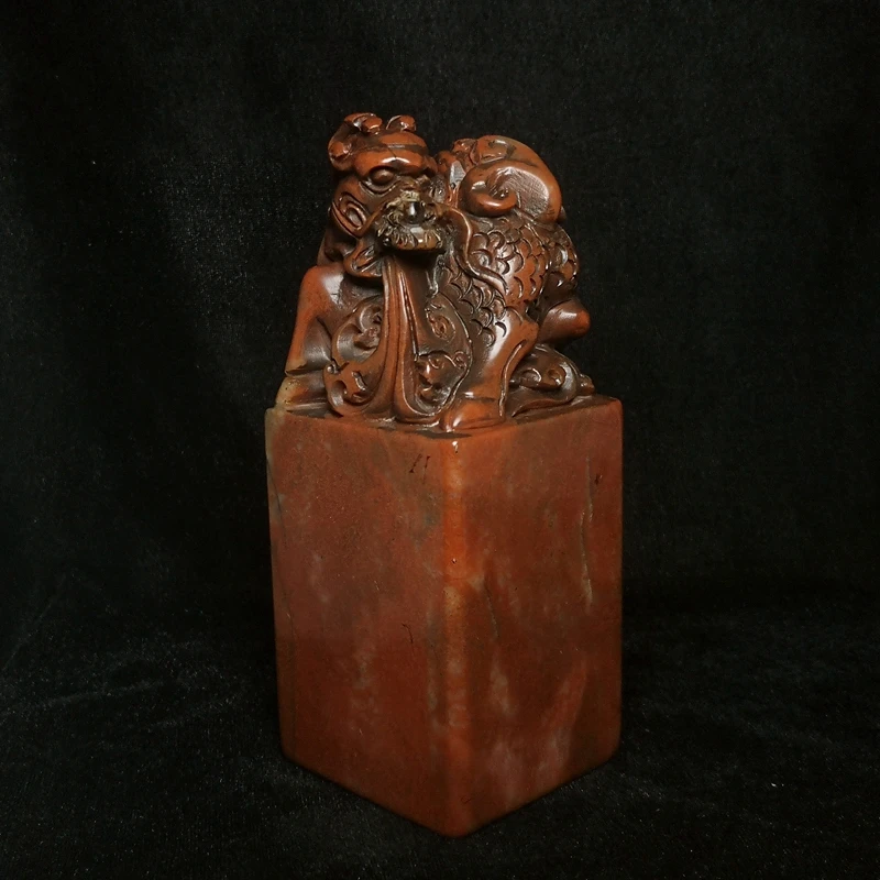 

Old 100% Natural Chinese Shoushan Stone Hand Carved Kirin Statue Seal H 15.5 CM
