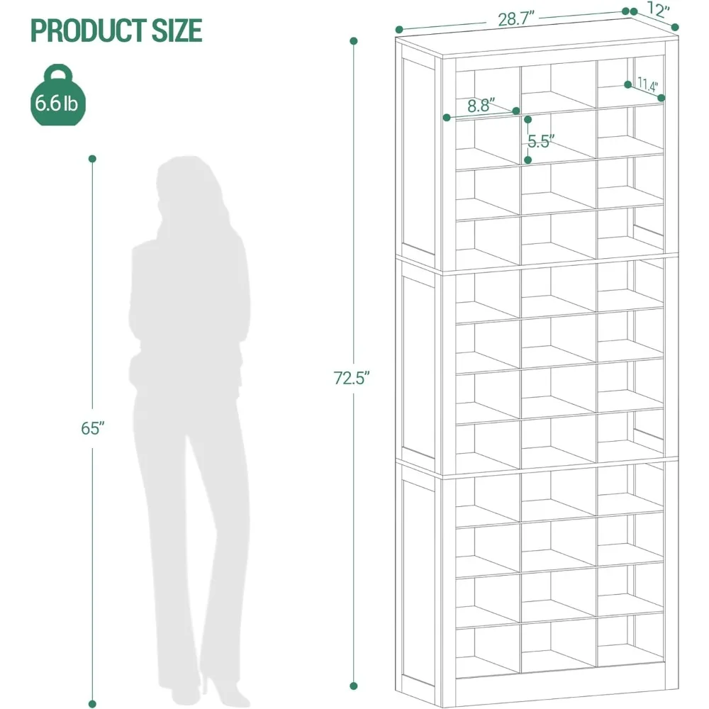 shoe storage cabinet, 36 pairs free standing closet organizer, 8.8 inch widened cell wood shoe organizer, 12 tiers vertical spac
