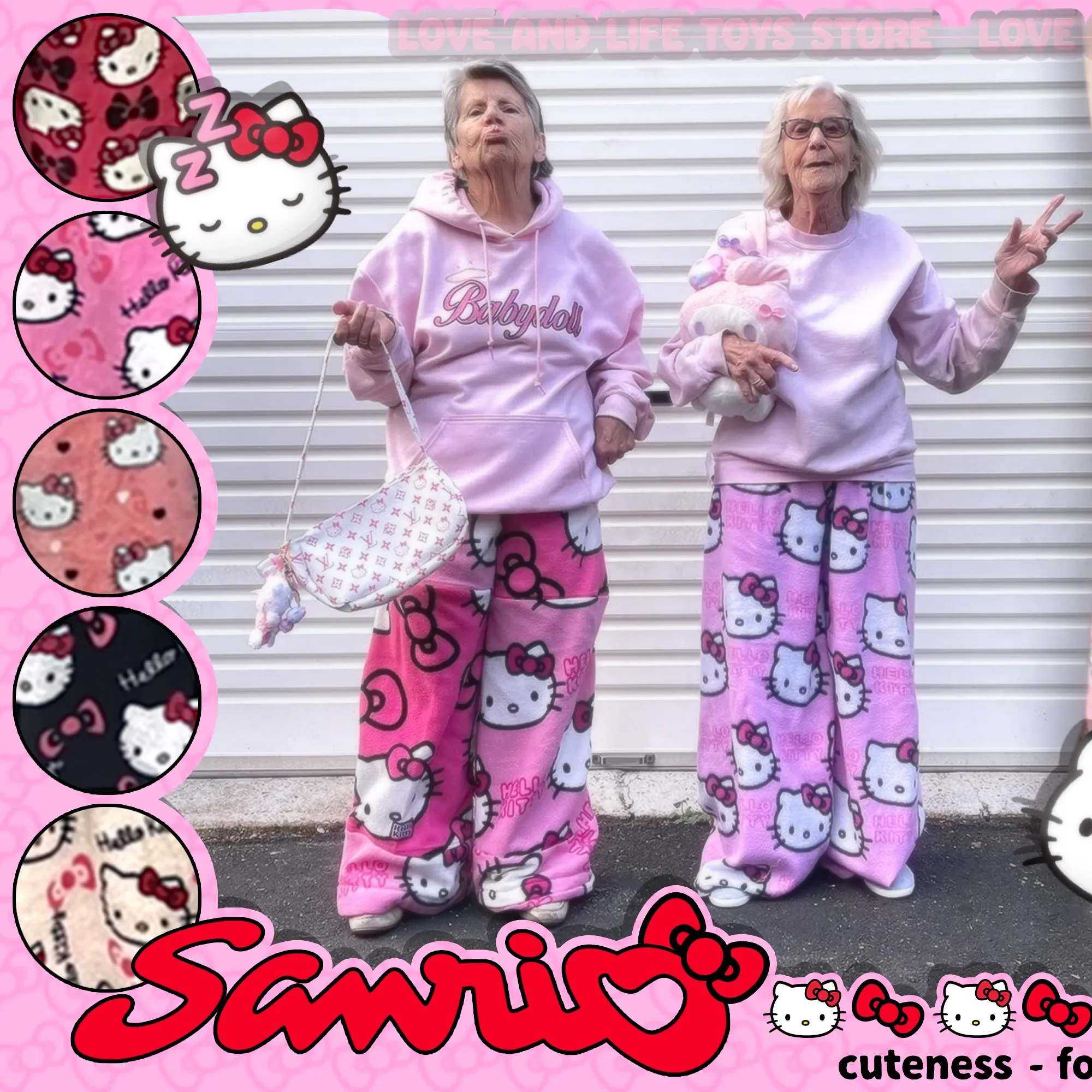 Fashion HelloKitty Pajamas Black Pink Anime Flannel Women Warm Home Pant  Autumn