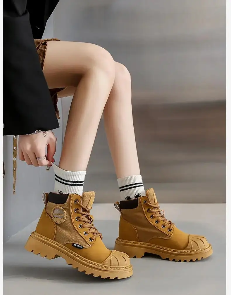 

Women's Spring Autumn Leather Casual Boots Thick Bottom High Top Non Slip Were Resistant Fashion Tall And Slimming Work Boots