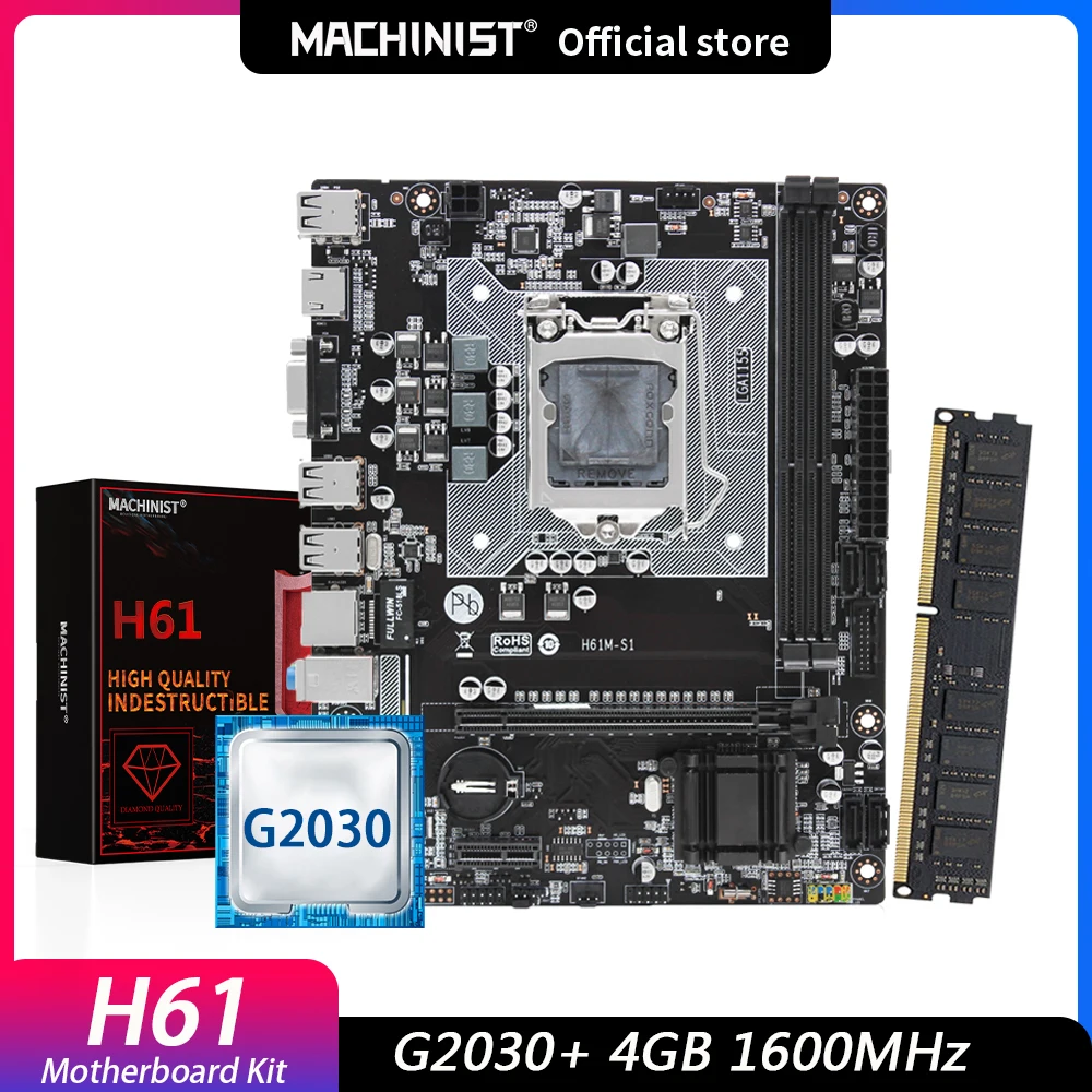 Machinist H61 Motherboard Set Kit With Intel G2030 LGA 1155 CPU 4GB 1600MHz DDR3 ram Memory H61m