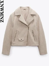  XNWMNZ 2022 Women Fashion Soft Jacket Coat Woman Vintage Long Sleeve Lapel Zipper Pocket Female Outerwear Chic Tops 