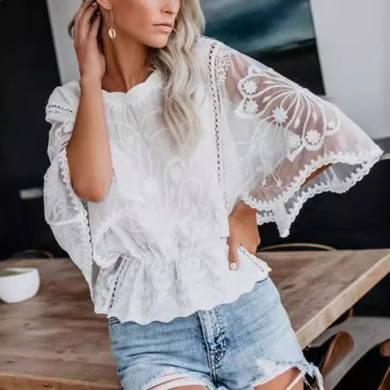 Women Lace Blouses Flower Embroidery Casual Tops